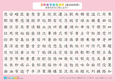小学3年生の漢字一覧表（丸チェック表） ピンク A4